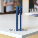Side-by-side comparison of the Samsung Galaxy Z Fold 6 and Z Fold 7 highlighting the reduced thickness and refined design of the Fold 7.