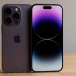 Photoreal iPhone 17 Pro Max in titanium purple on wooden desk, triple‑camera and Dynamic Island display—blog review image.