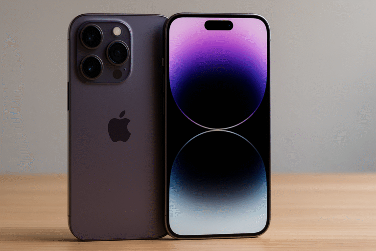 Photoreal iPhone 17 Pro Max in titanium purple on wooden desk, triple‑camera and Dynamic Island display—blog review image.