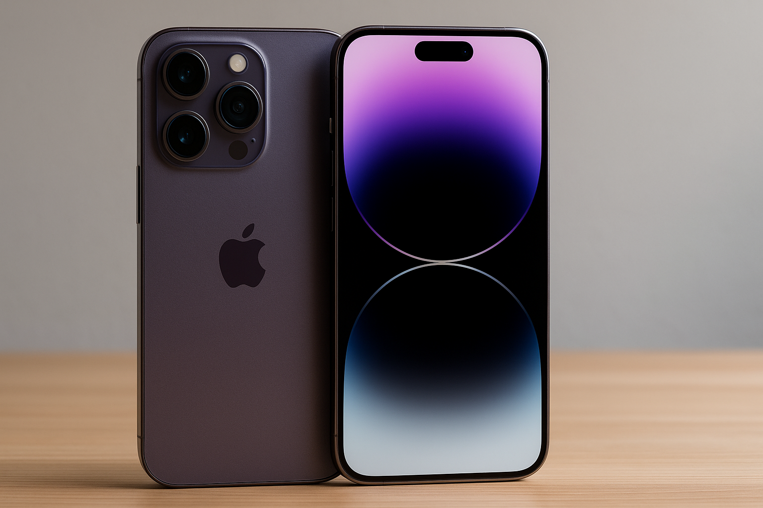 Photoreal iPhone 17 Pro Max in titanium purple on wooden desk, triple‑camera and Dynamic Island display—blog review image.