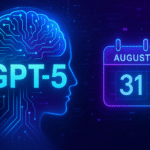 Neon illustration of a glowing AI brain with circuitry labeled “GPT‑5” next to an August calendar icon.
