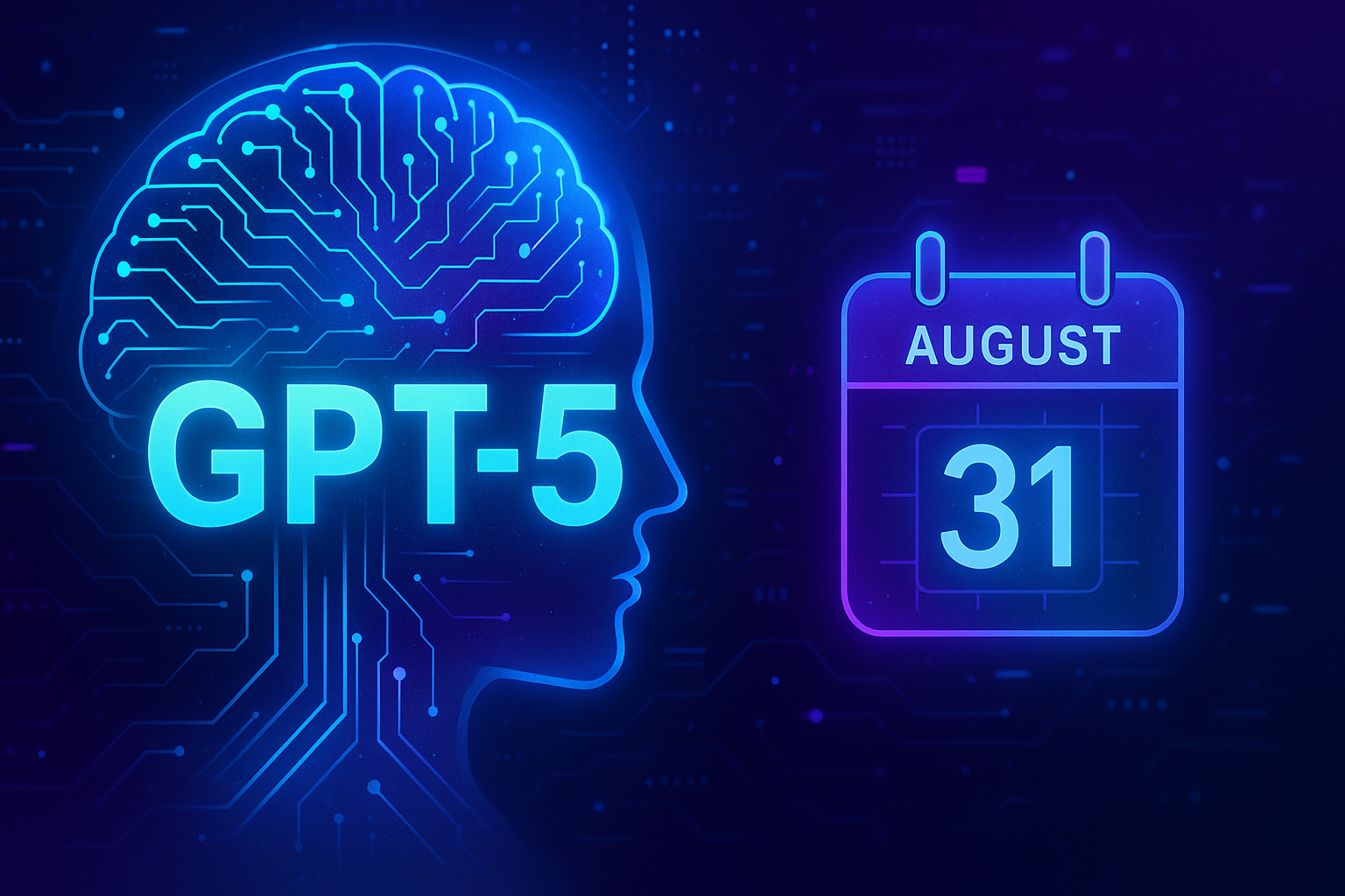 Neon illustration of a glowing AI brain with circuitry labeled “GPT‑5” next to an August calendar icon.