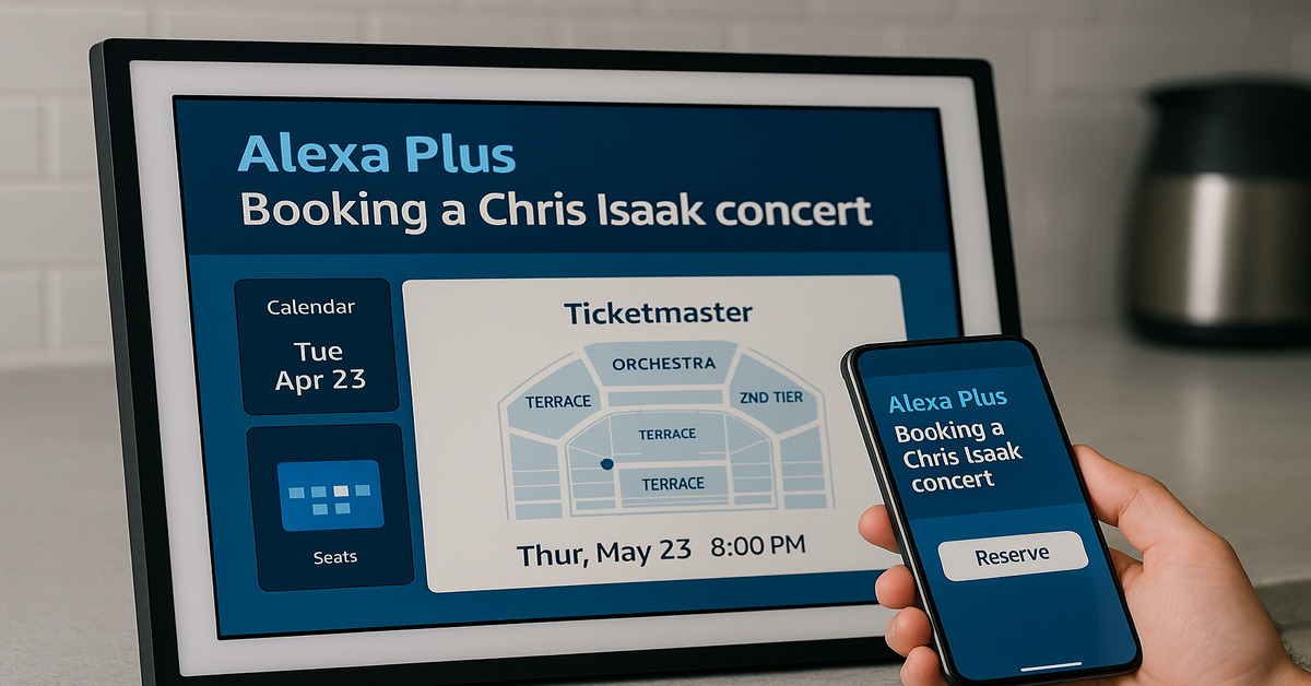 Alexa Plus AI agent booking Chris Isaak concert on Echo Show 15 smart display